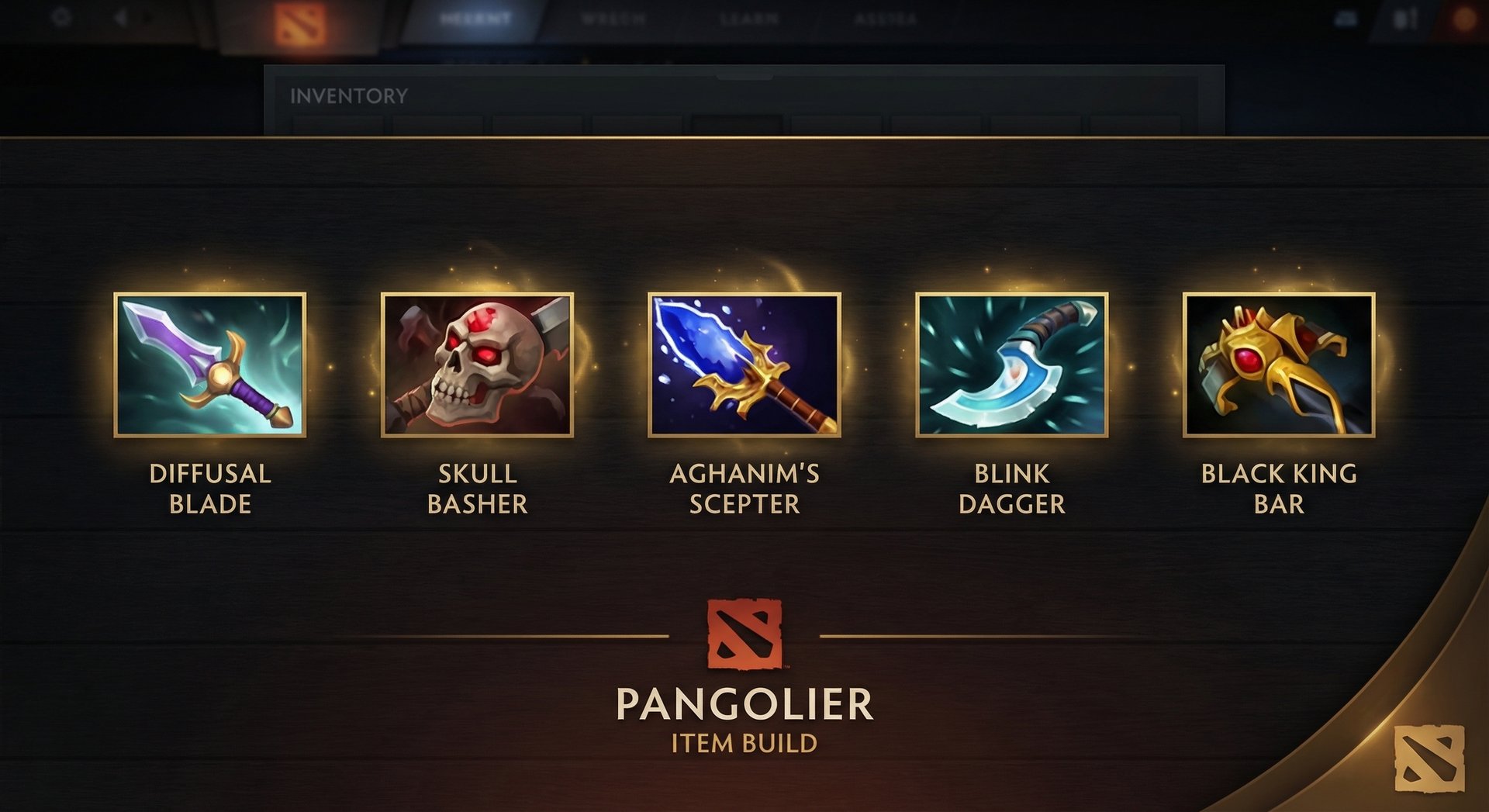 Pangolier item build progression showing core items on dark background