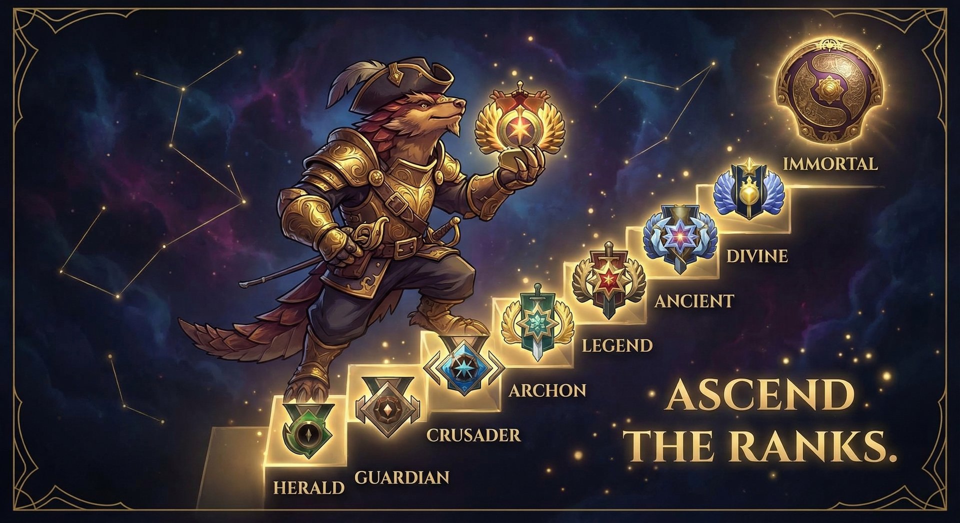Pangolier rank climbing visual with gold accents showing progression from Herald to Immortal