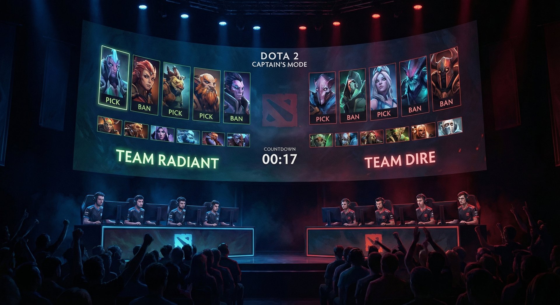 Dota 2 hero draft screen in professional match