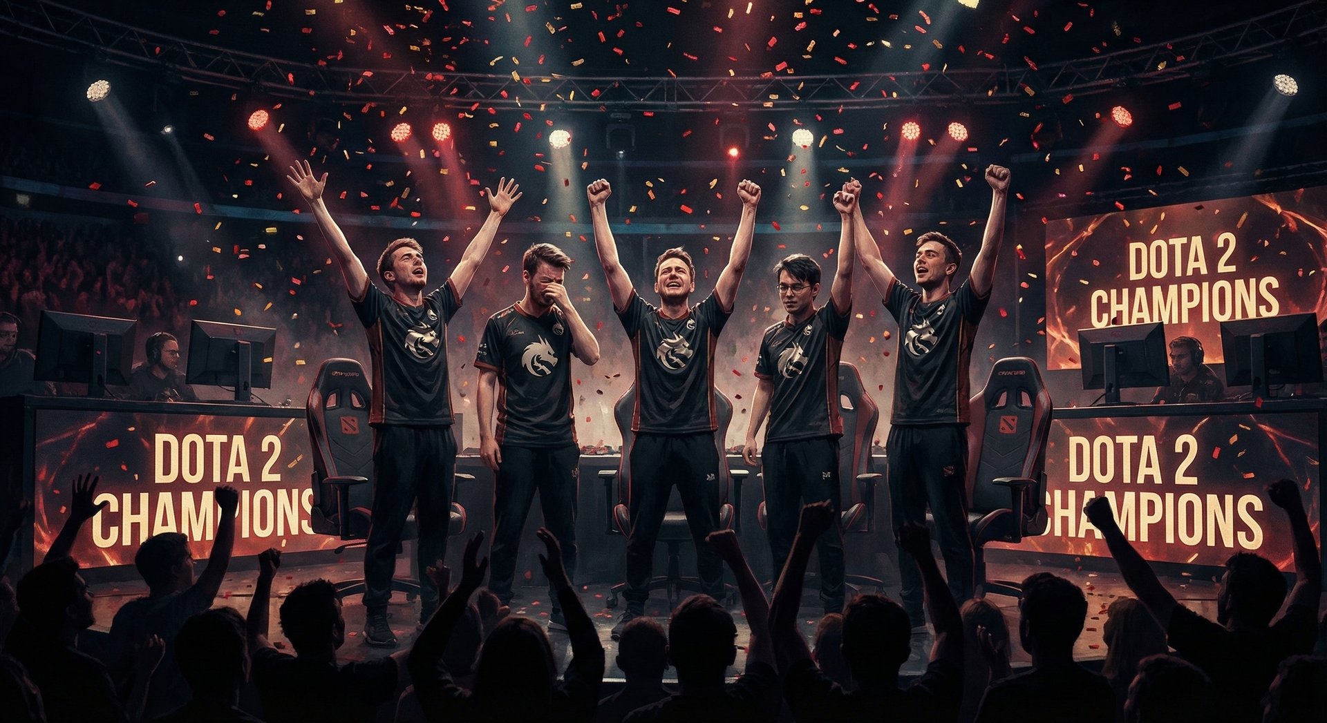 Dota 2 team celebrating tournament victory