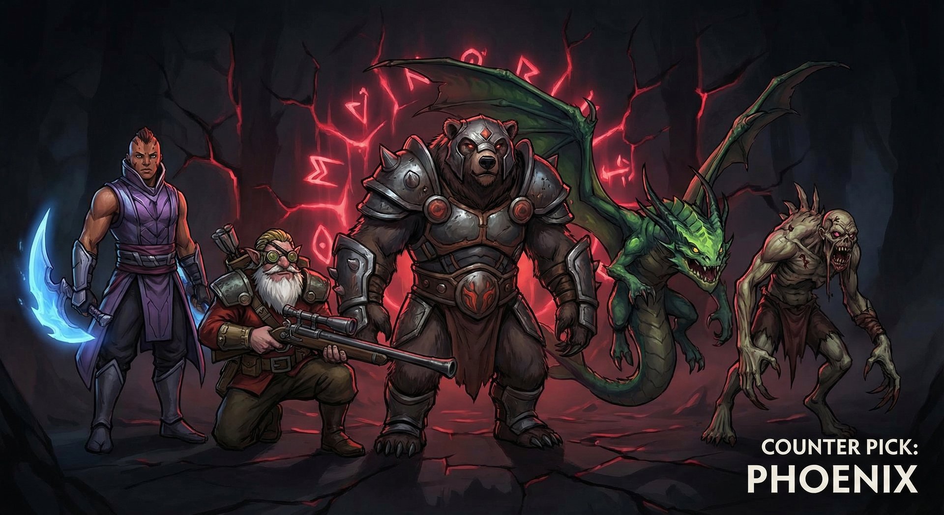 Five Dota 2 counter heroes lined up against Phoenix including Ursa, Sniper, and Viper