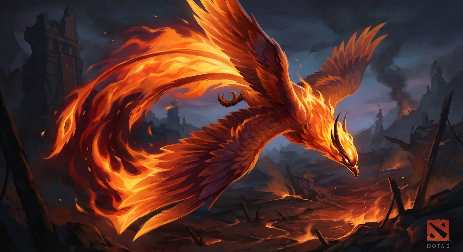 Phoenix casting Icarus Dive ability in Dota 2, swooping through the air in a fiery arc