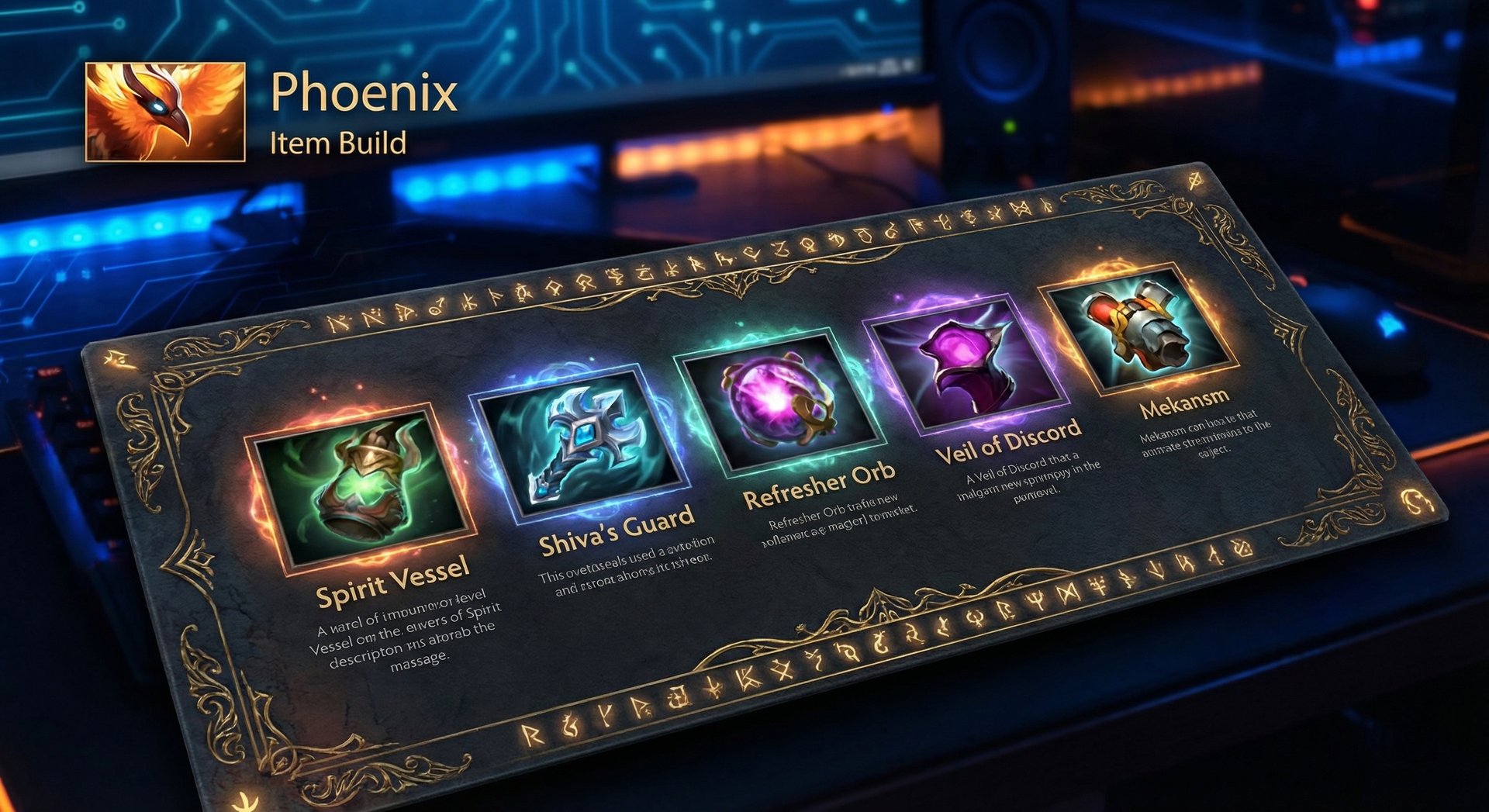 Phoenix Dota 2 item build progression showing Spirit Vessel, Shivas Guard, and Refresher Orb