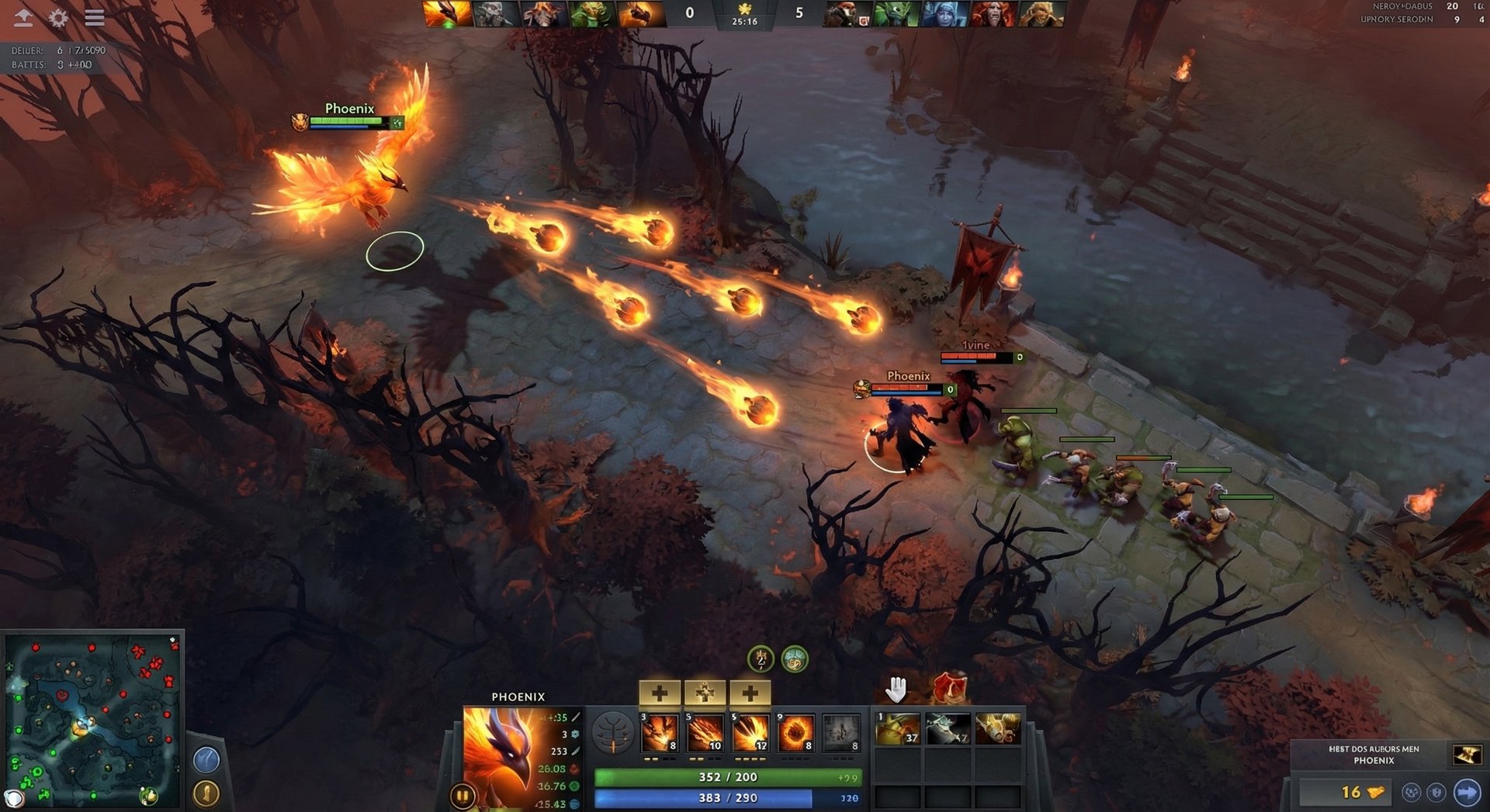 Phoenix in Dota 2 laning phase harassing enemies with Fire Spirits in the offlane