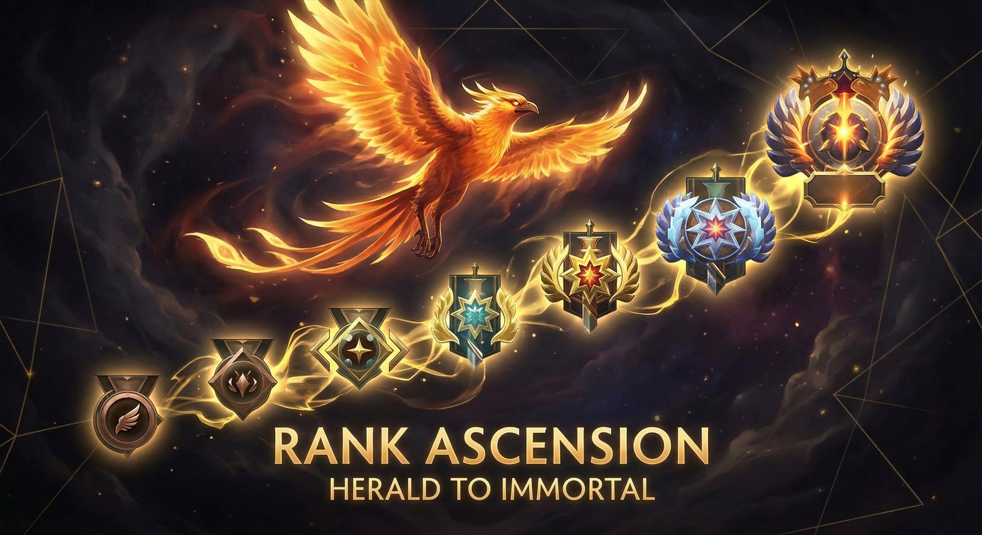 Phoenix ascending through Dota 2 ranked tiers from Herald to Immortal with golden rank emblems