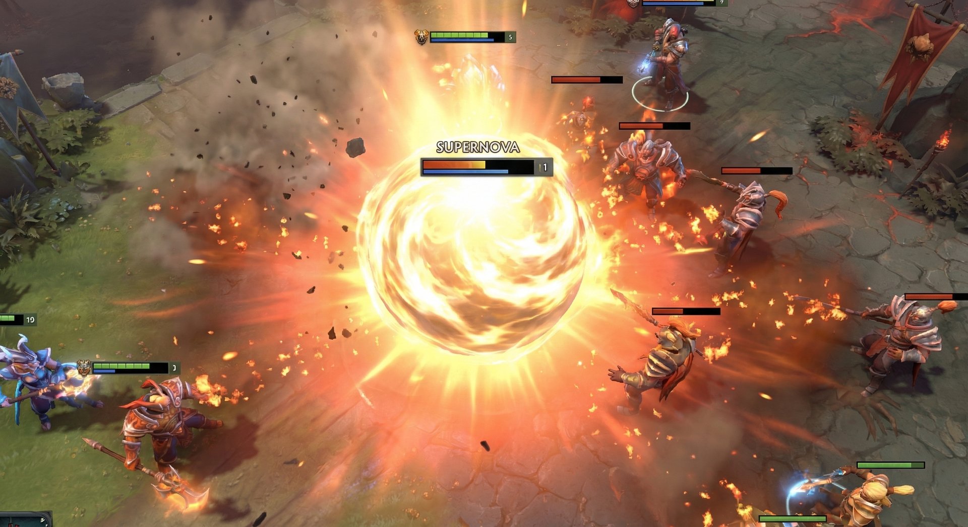 Phoenix casting Supernova ultimate in Dota 2, transforming into a blazing sun in a team fight