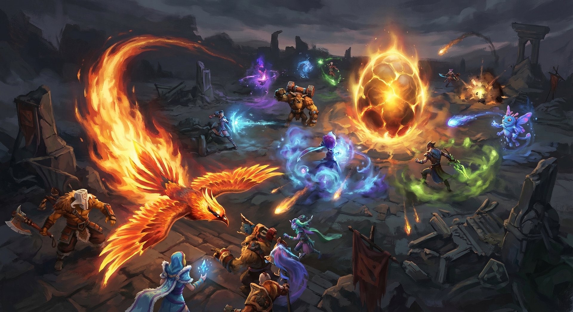 Phoenix in a massive Dota 2 team fight diving into enemy heroes with Supernova charging