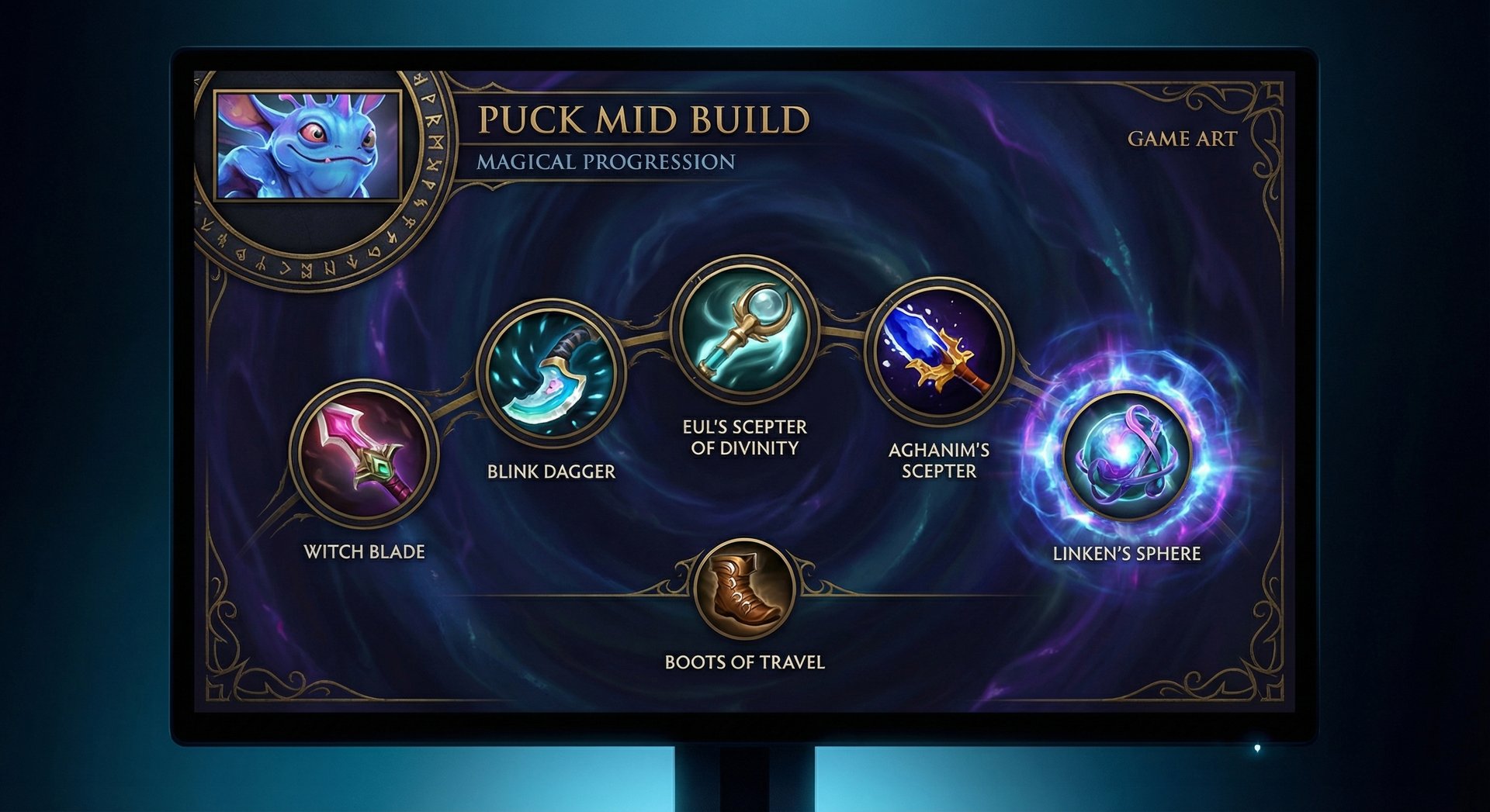 Puck item build progression with core items on dark background