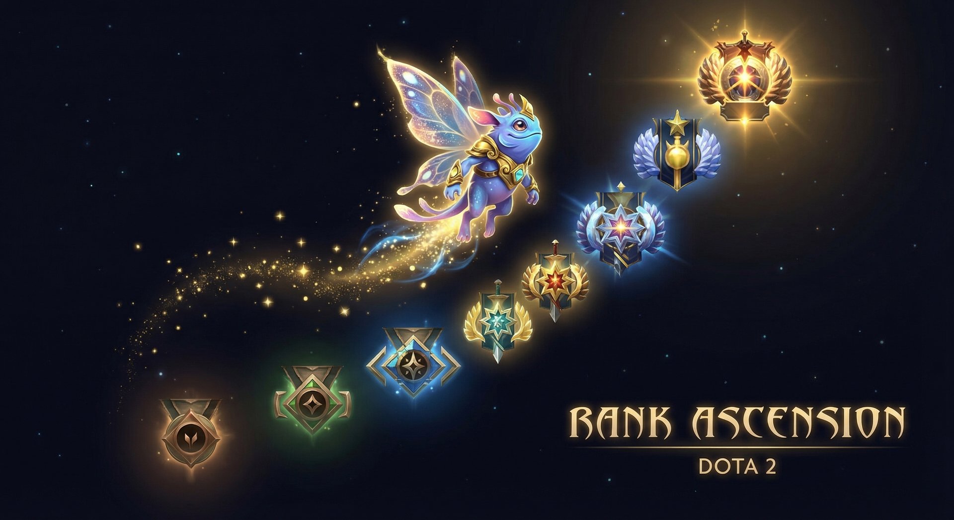 Puck ascending through Dota 2 ranked tiers with gold accents