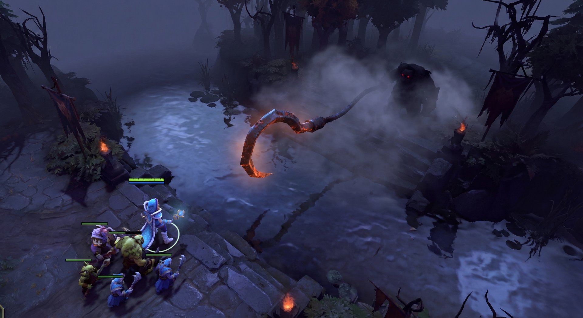 Pudge hooking a support hero from fog of war during laning phase