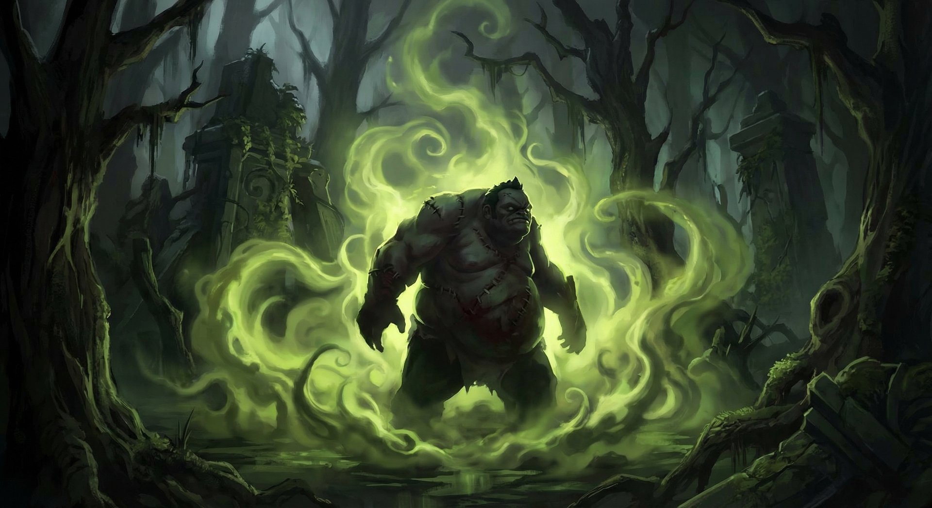 Pudge using Rot ability with green toxic cloud in Dota 2