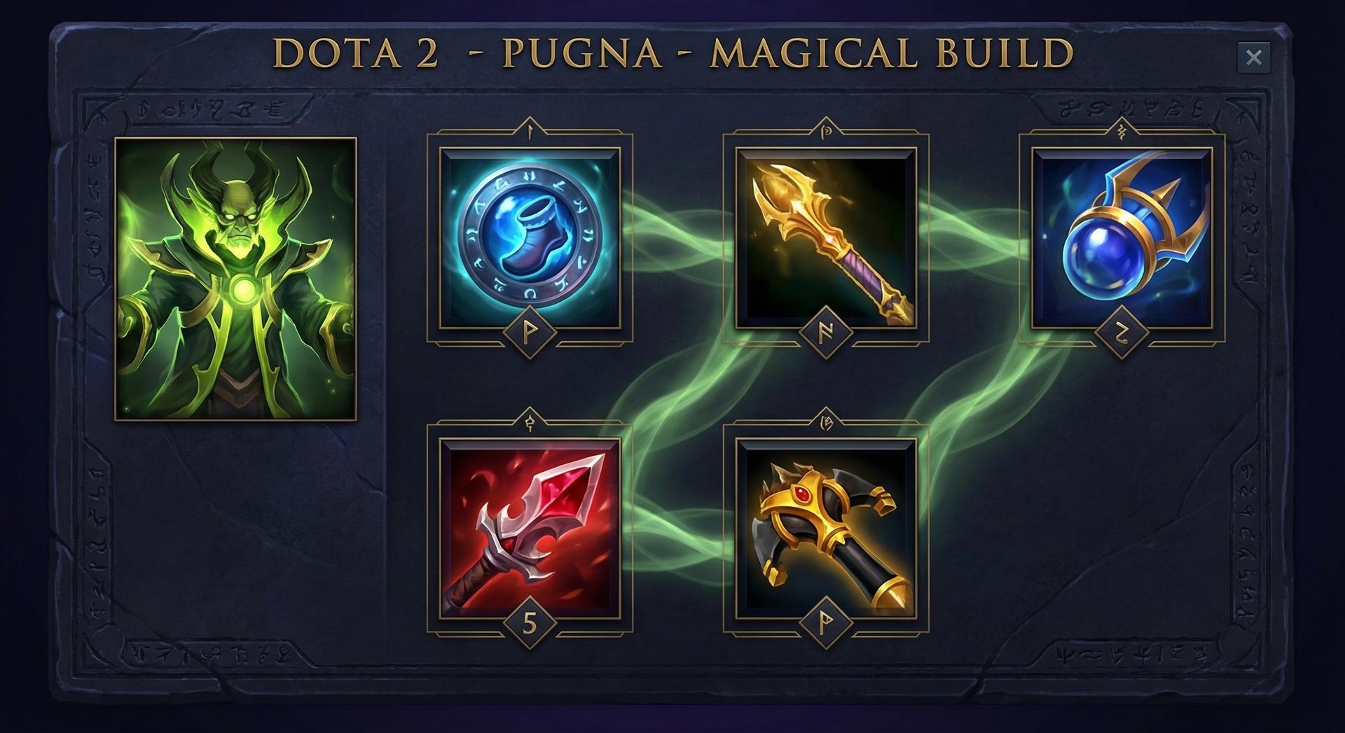 Pugna item build progression with Aether Lens Aghanims and BKB on dark background