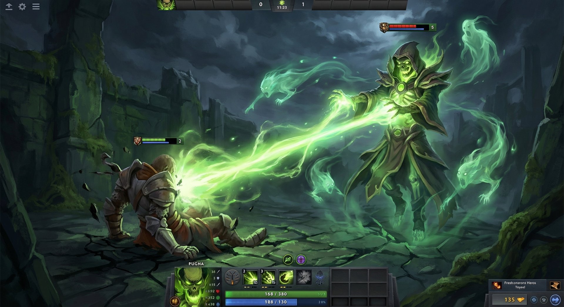 Pugna channeling Life Drain ultimate ability with green beam in Dota 2