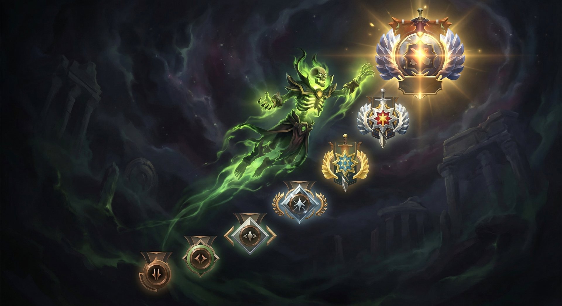Pugna ascending through Dota 2 rank tiers from Herald to Immortal with gold accents
