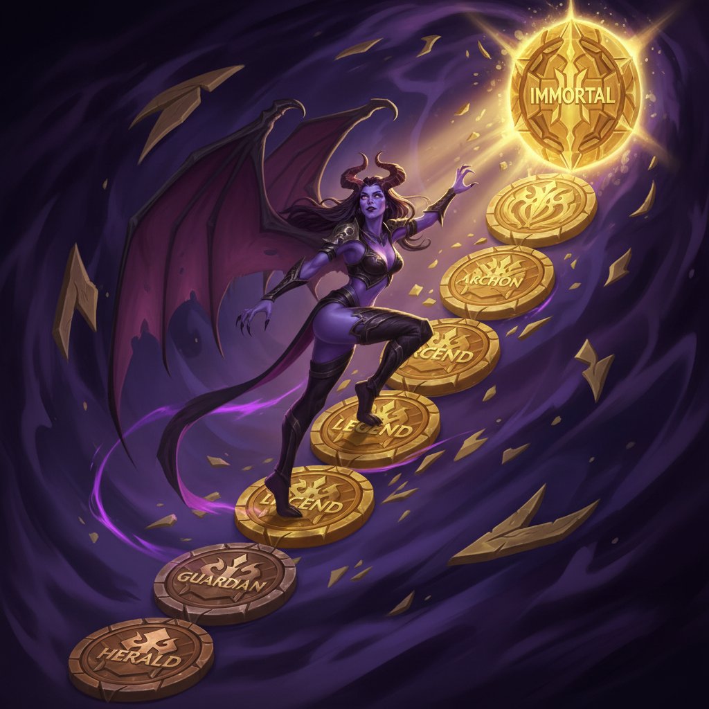 Queen of Pain Dota 2 rank climbing visual with golden rank medals from Herald to Immortal