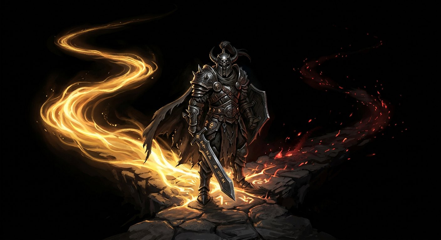 Warrior at a glowing crossroads choosing between two paths