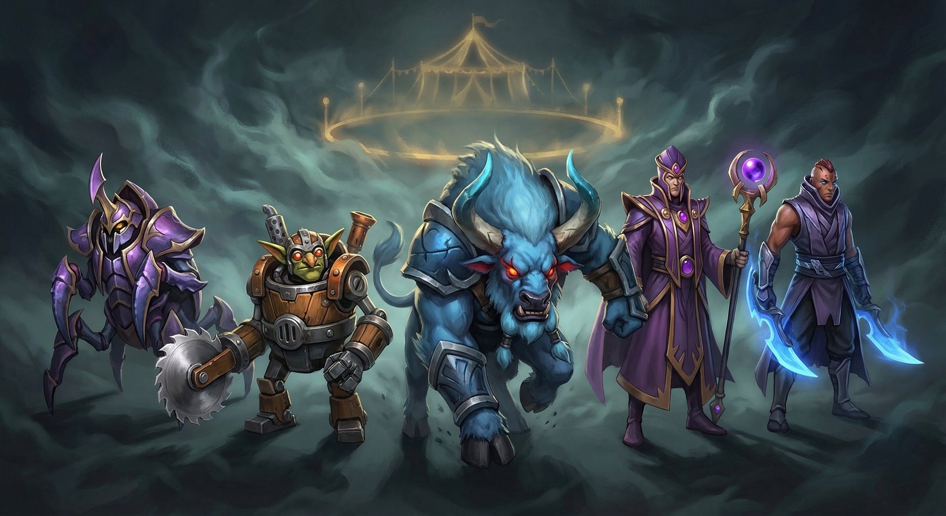 Five Dota 2 counter heroes for Ringmaster -- Nyx Assassin, Spirit Breaker, Timbersaw, Silencer, and Anti-Mage standing together on a dark background