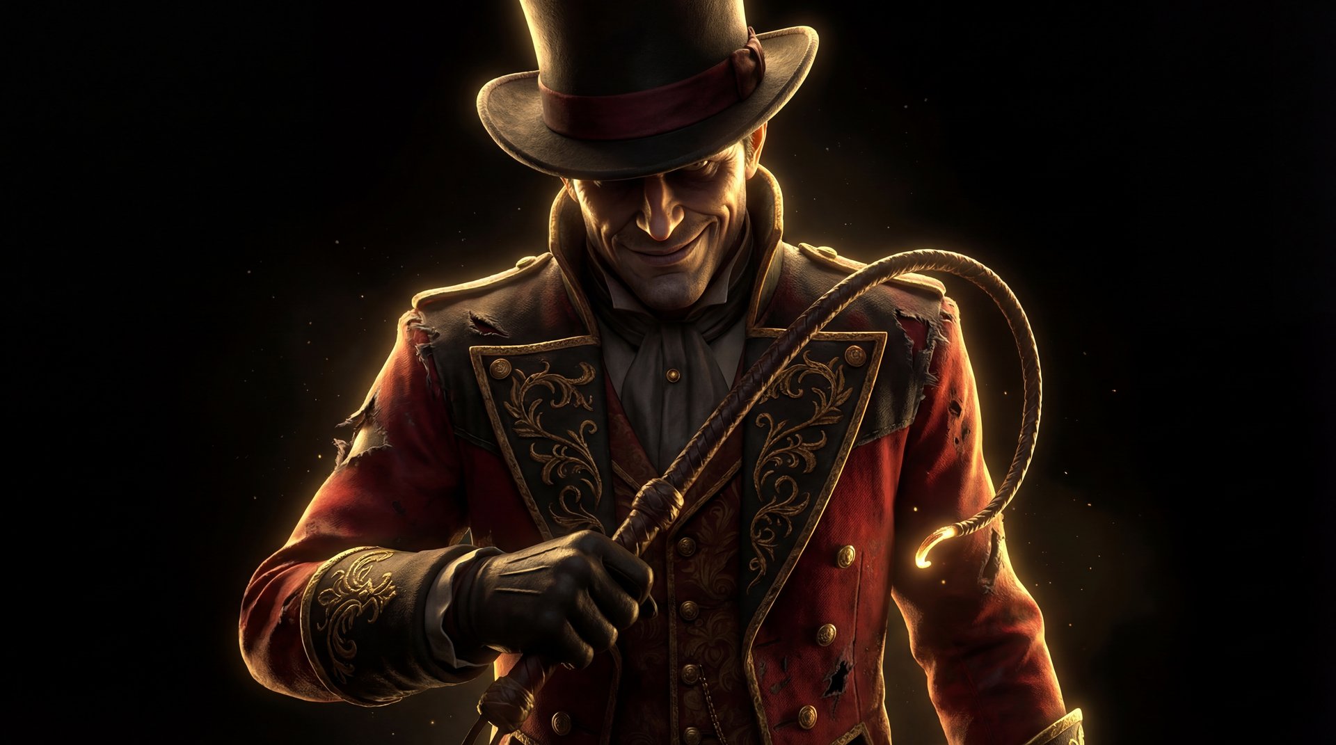 Ringmaster Dota 2 hero portrait with gold accents on dark background, cinematic circus ringmaster character