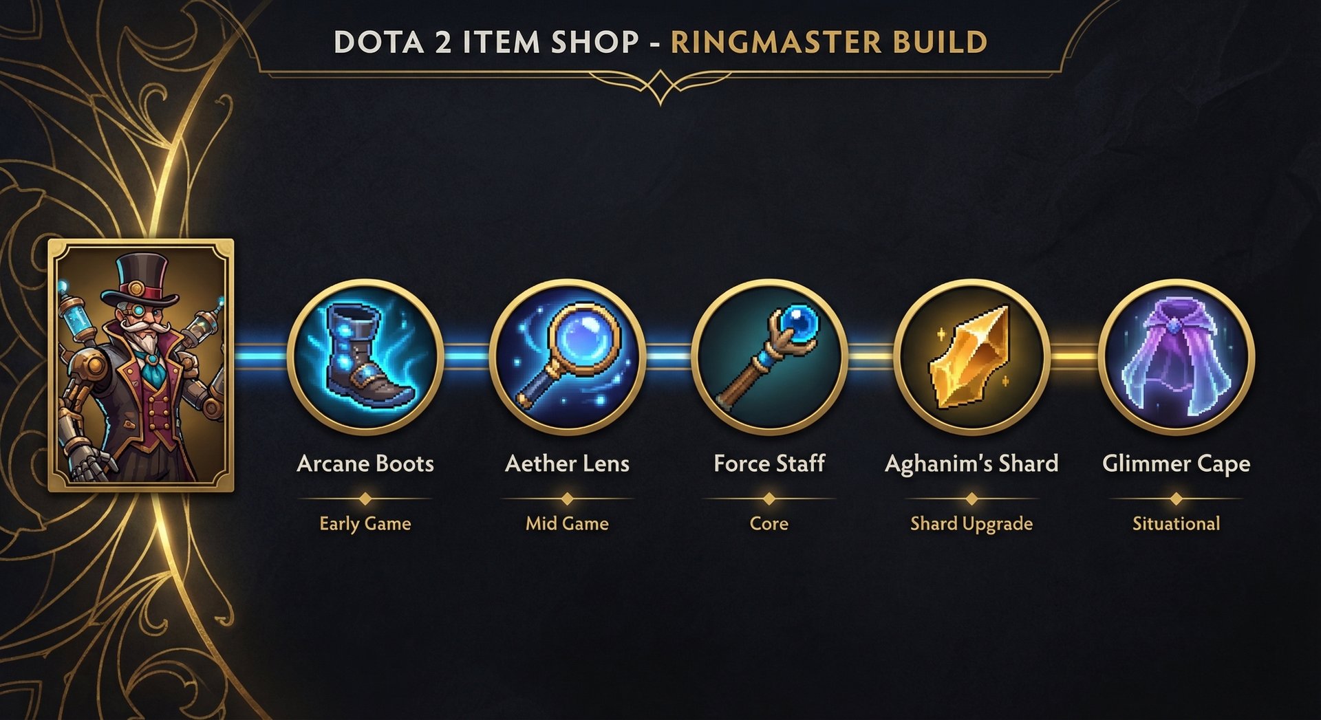 Ringmaster Dota 2 item build progression showing Arcane Boots, Aether Lens, Force Staff, and Aghanim Shard arranged on a dark background