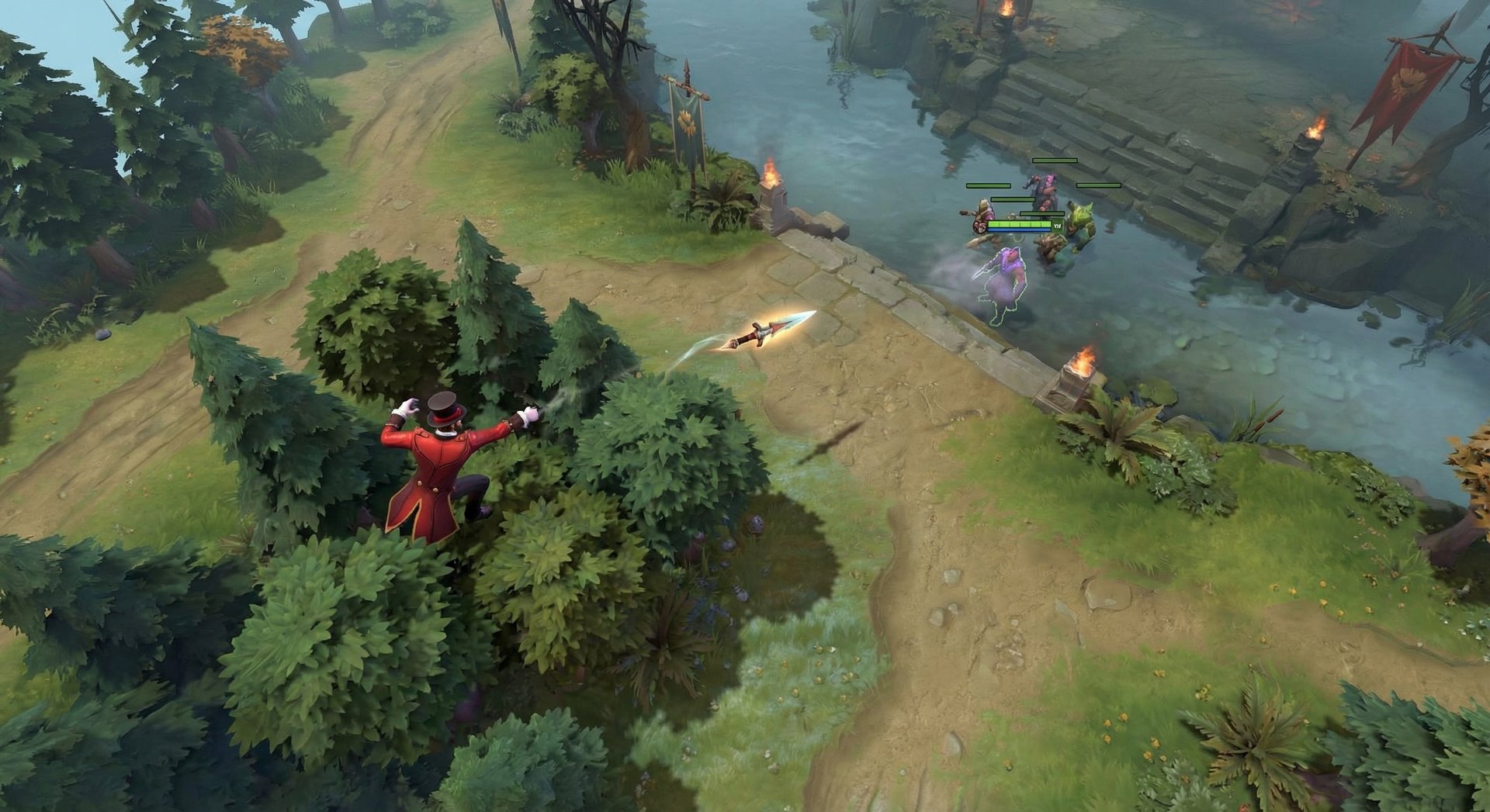 Ringmaster Dota 2 hero in the laning phase, throwing knives from behind trees in the offlane, Dota 2 map visible