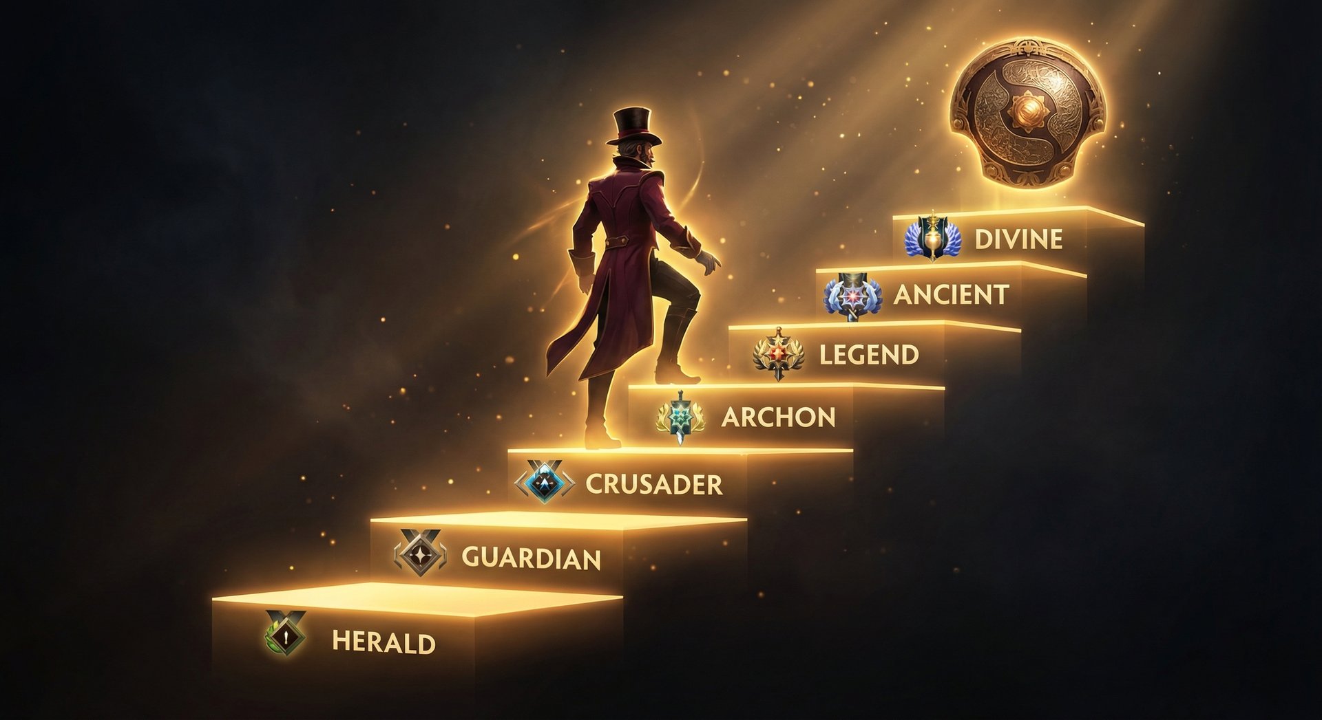 Ringmaster Dota 2 hero climbing through ranks from Herald to Immortal, shown ascending golden steps with rank badges glowing, dark background with gold accents