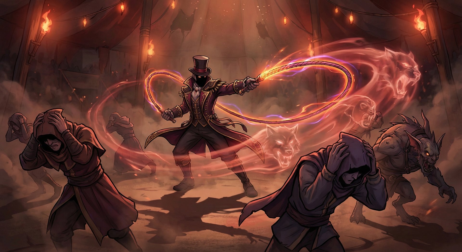 Ringmaster Dota 2 hero channeling Tame the Beasts ability, cracking a whip with fear effects surrounding enemies in a circus arena