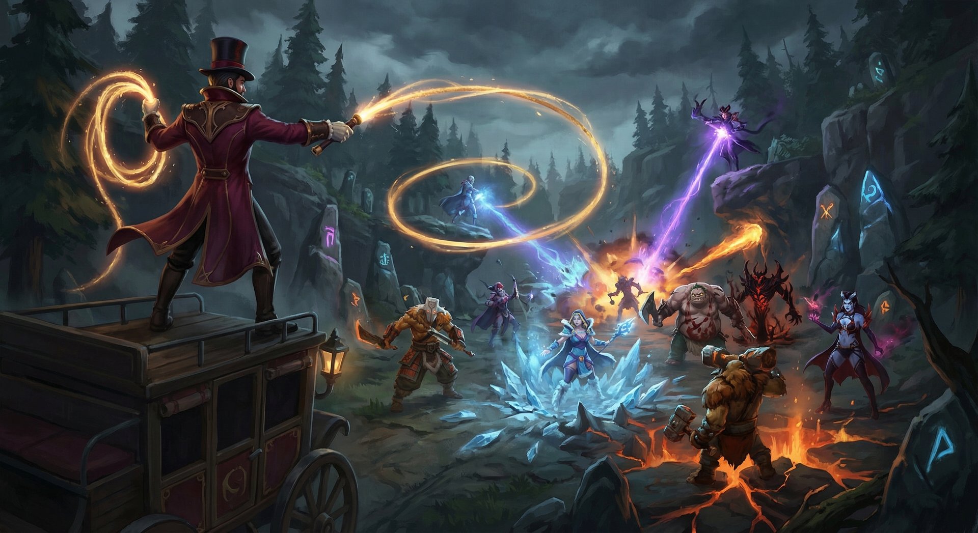 Ringmaster Dota 2 hero in a chaotic team fight, using abilities from the backline while allies clash with enemies, dark cinematic lighting