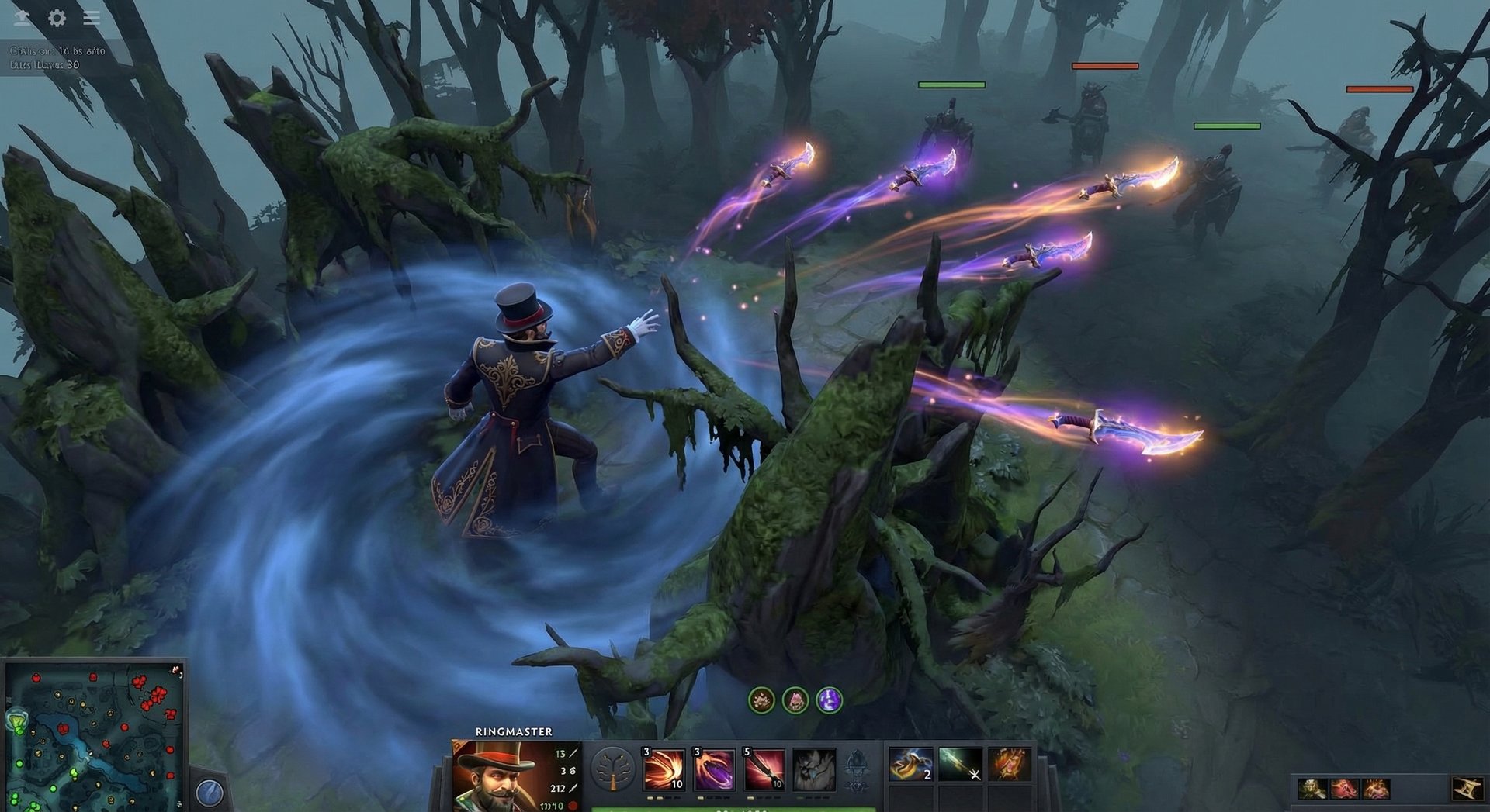 Ringmaster Dota 2 hero performing advanced technique, throwing multiple Impalement Arts knives from fog while hiding behind trees, authentic Dota 2 art style