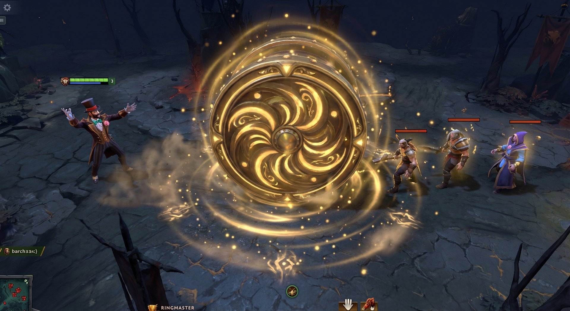 Ringmaster Dota 2 hero casting Wheel of Wonder ultimate, a mesmerizing circus wheel radiating golden energy that taunts nearby enemies