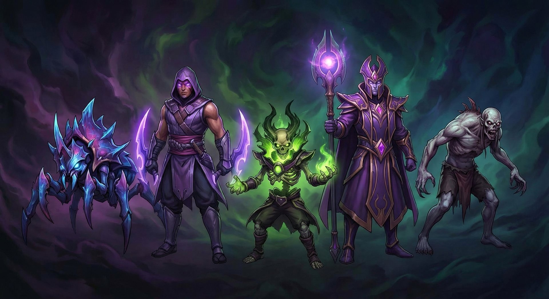 Five counter heroes lineup against Rubick including Nyx Assassin and Anti-Mage on dark background