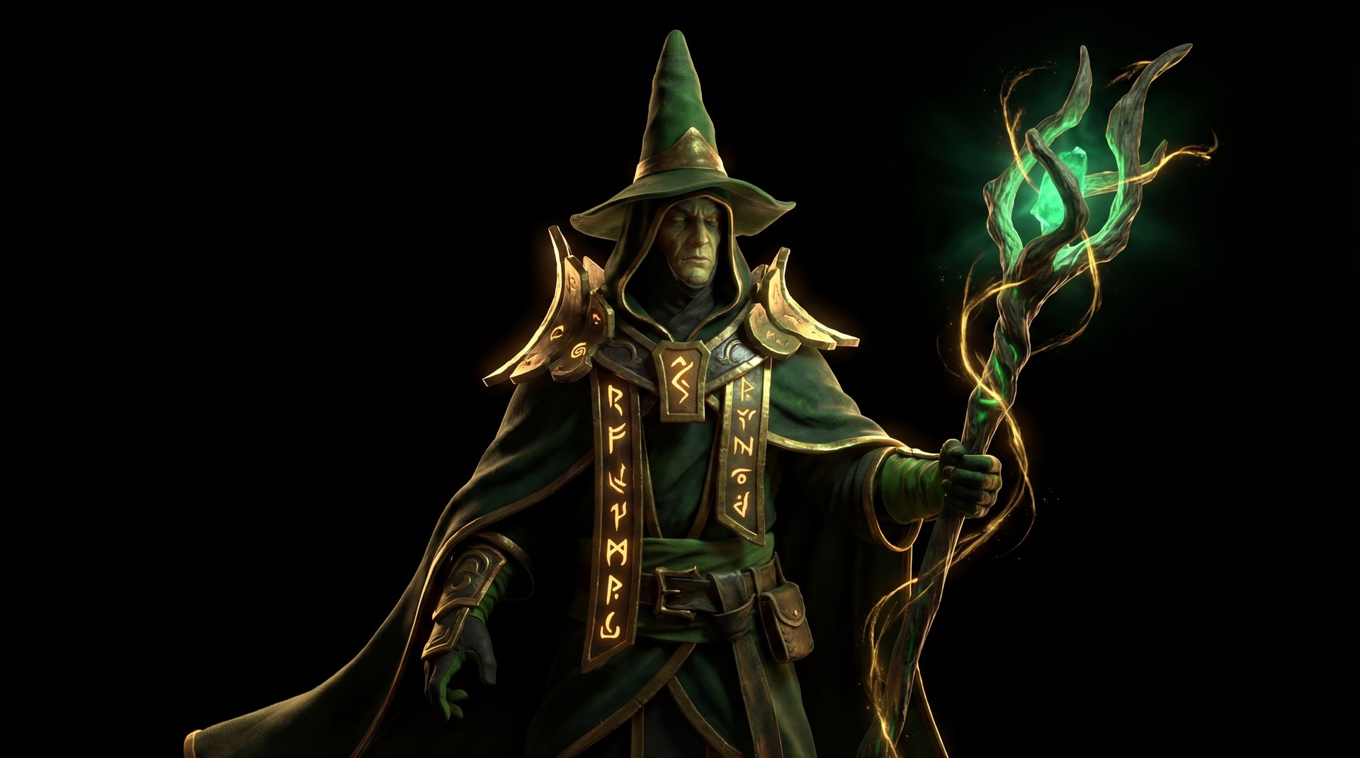Rubick the Grand Magus cinematic portrait with gold accents on dark background