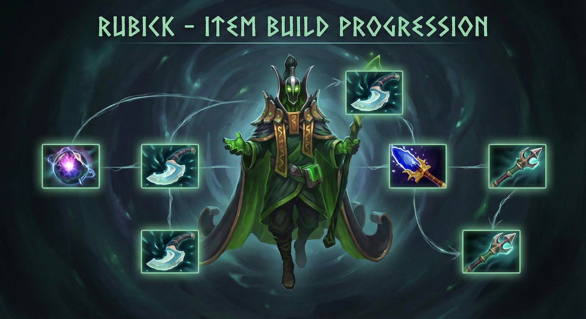 Rubick item build progression with Aether Lens Blink Dagger and Aghanim Scepter on dark background