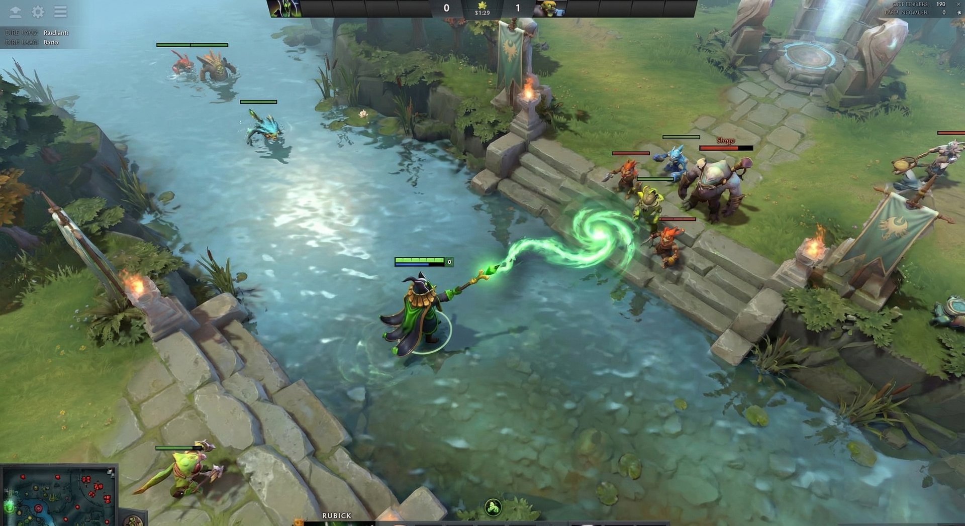 Rubick the Grand Magus casting Fade Bolt in the river near mid lane during laning phase