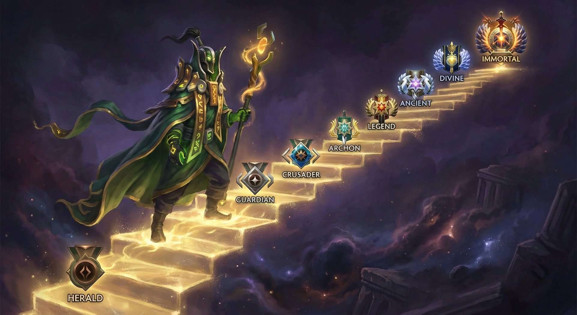 Rubick the Grand Magus ascending golden stairs from Herald to Immortal with rank badges