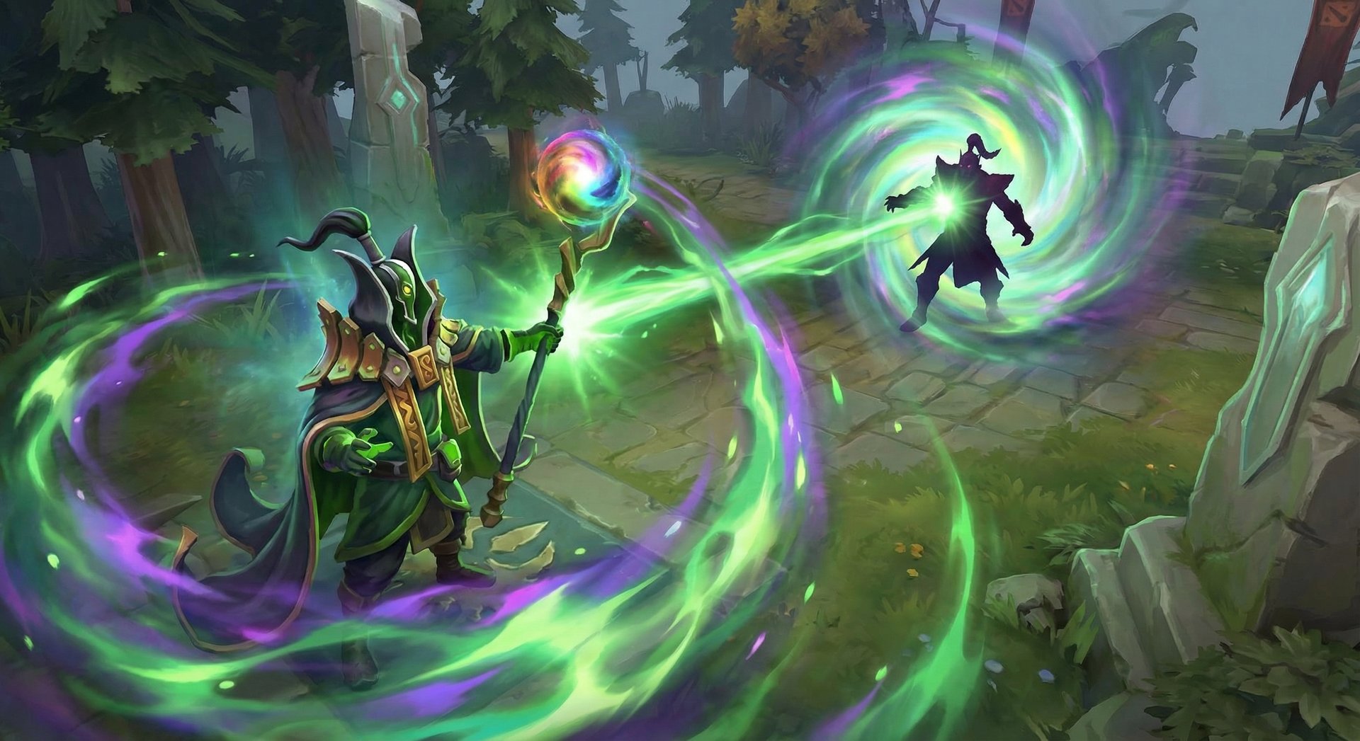 Rubick the Grand Magus stealing a spell from an enemy with green and multicolored energy