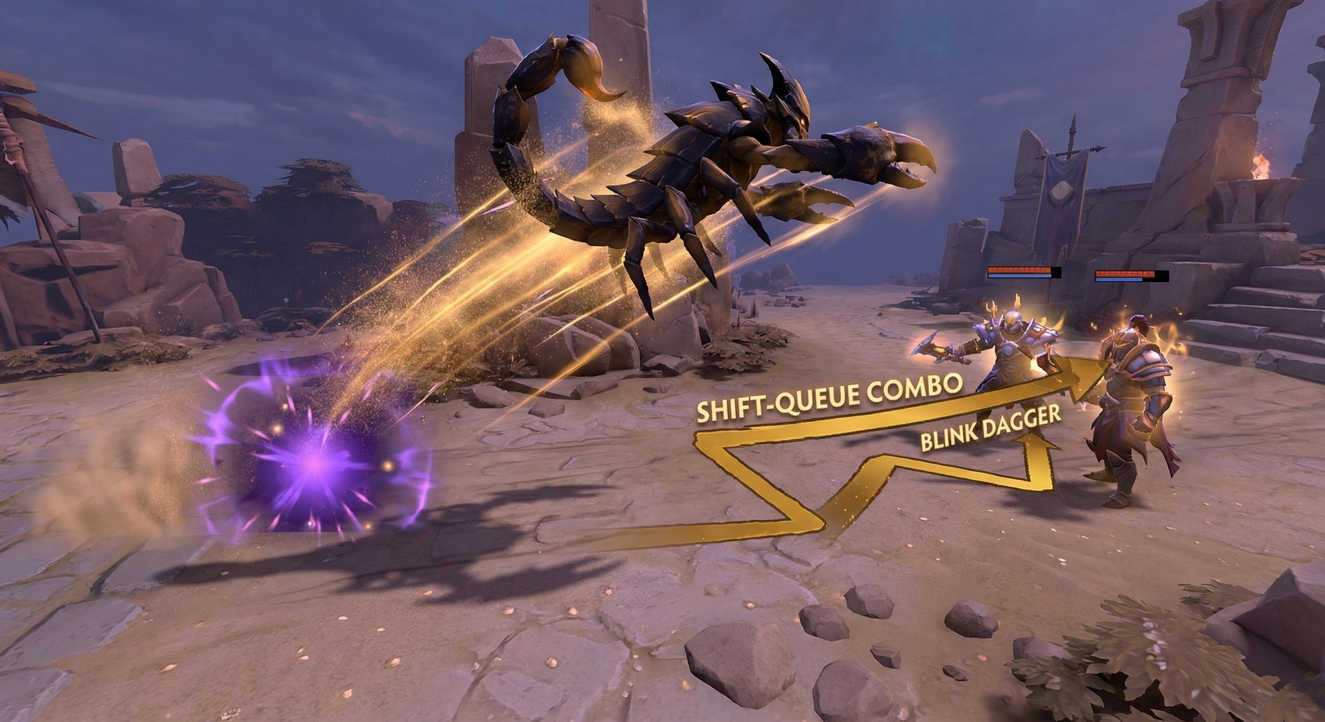 Sand King performing Blink Dagger Burrowstrike advanced combo technique in Dota 2