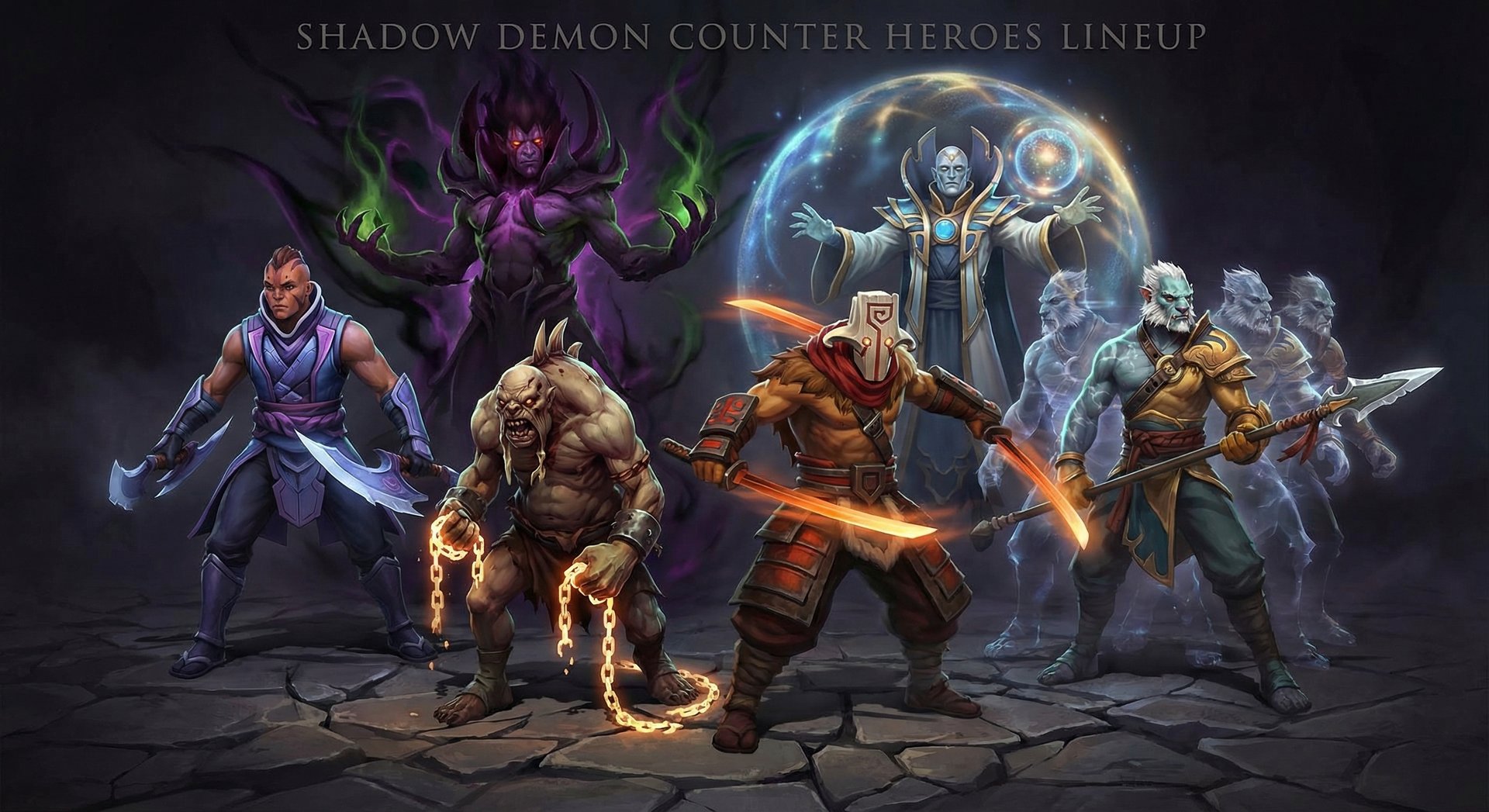 Five counter heroes lined up against Shadow Demon in a dramatic formation