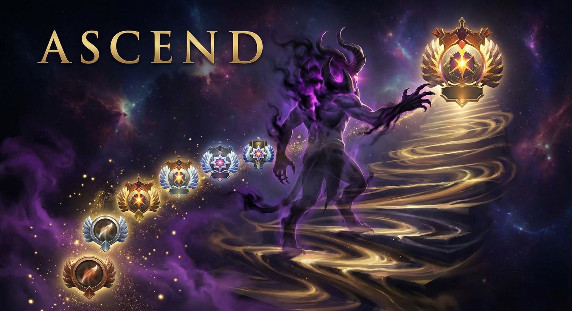 Shadow Demon ascending through Dota 2 rank emblems from Herald to Immortal with gold accents