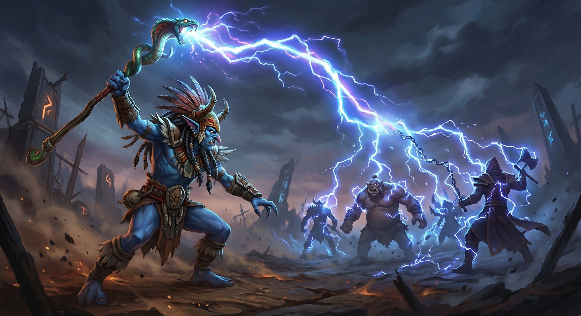 Shadow Shaman casting Ether Shock, chain lightning bouncing between enemies