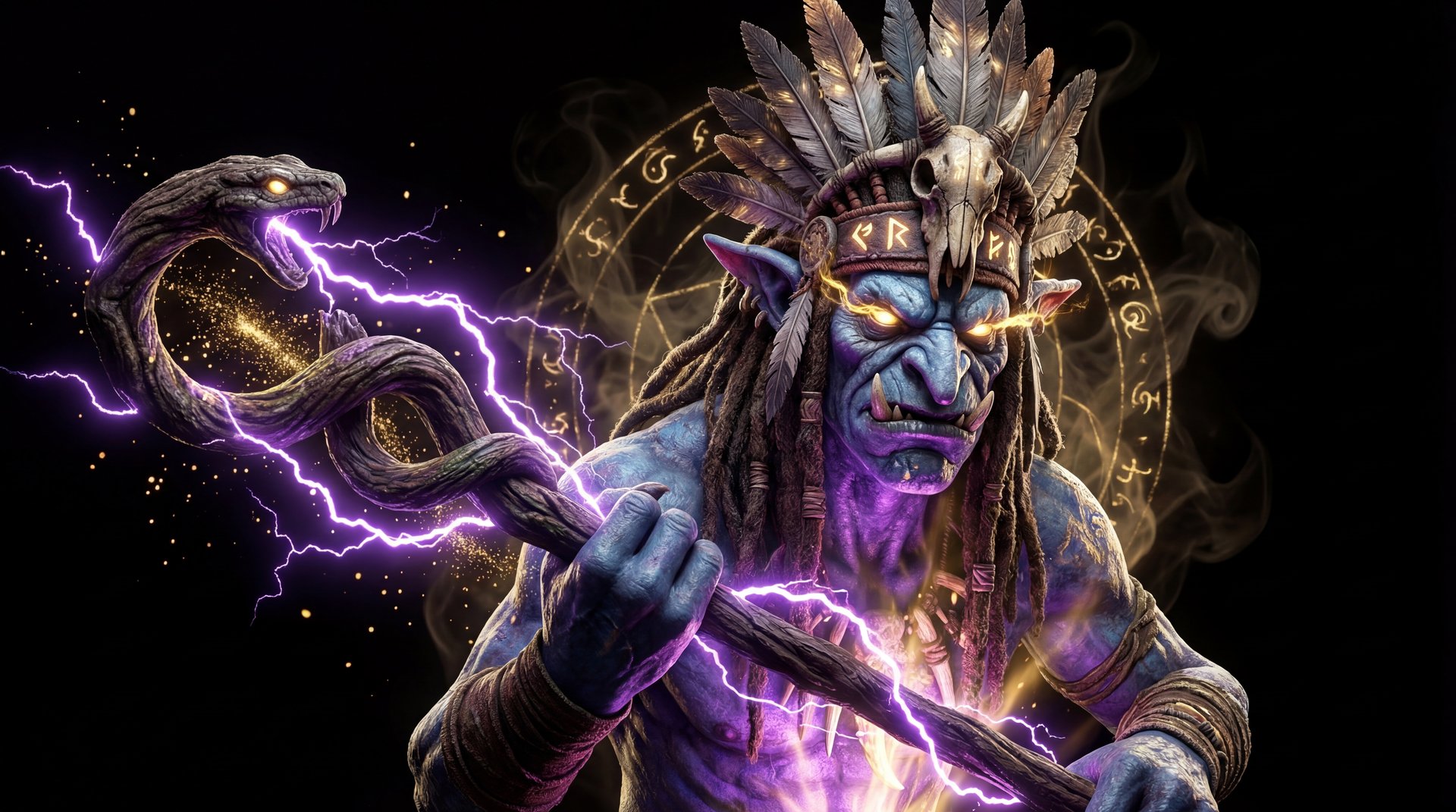 Shadow Shaman cinematic portrait with gold accents, the troll shaman holding his serpent staff