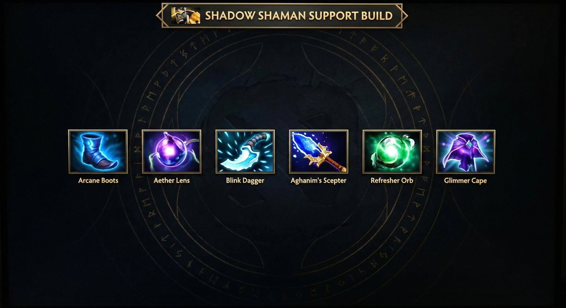 Shadow Shaman item build progression showing support items on dark background