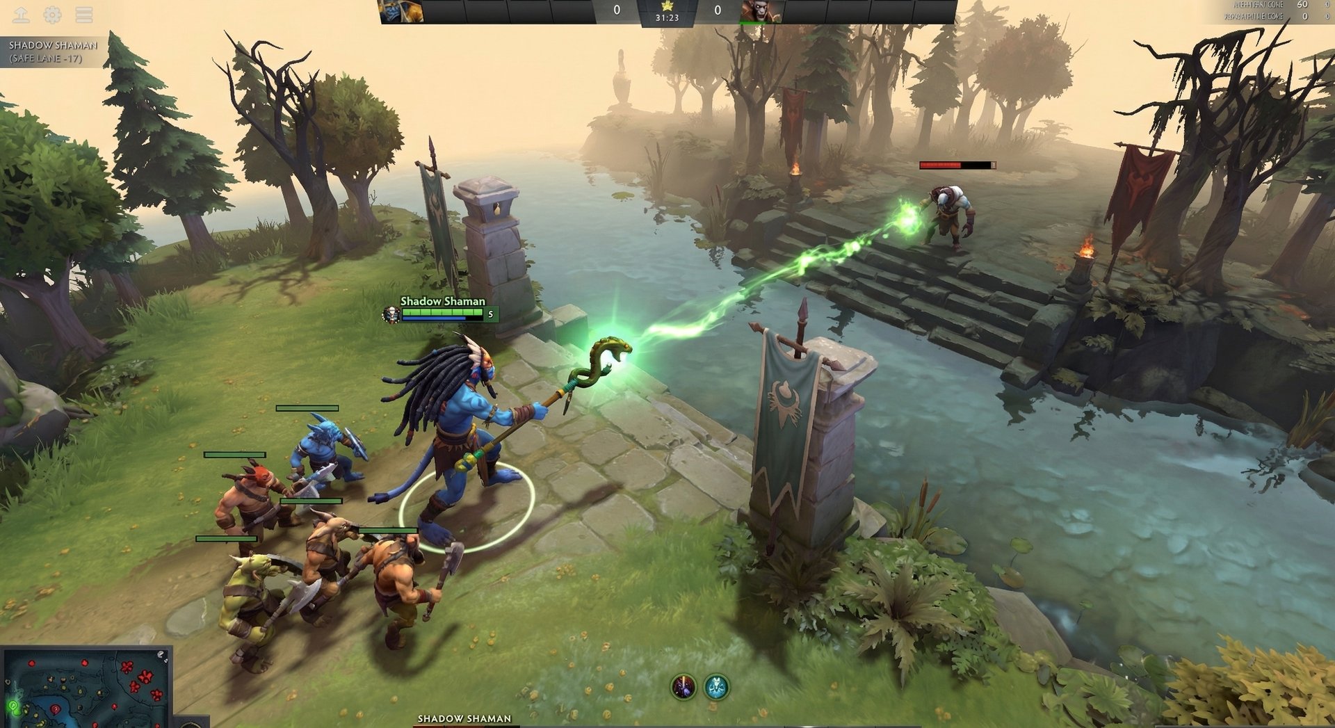 Shadow Shaman in the laning phase, harassing enemies near creeps in a Dota 2 lane