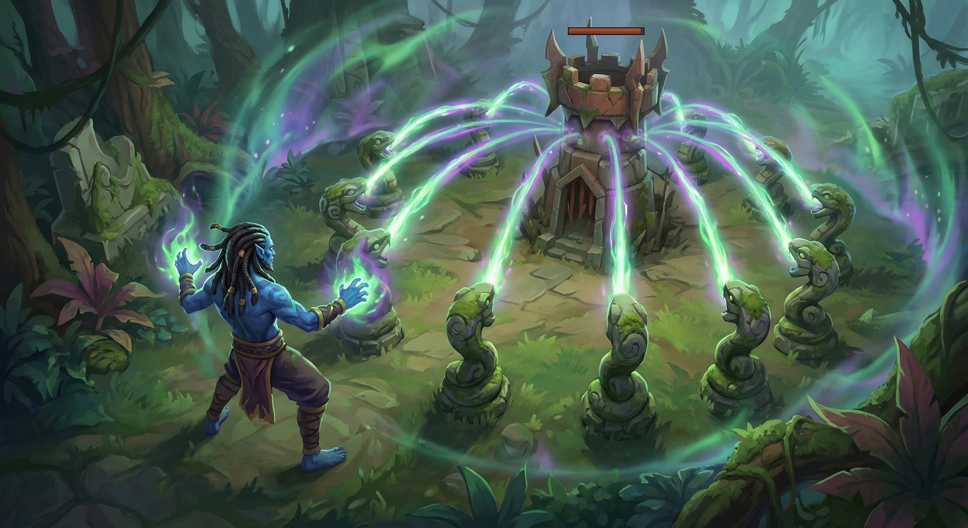 Shadow Shaman summoning Mass Serpent Ward, ring of snake totems trapping an enemy near a tower