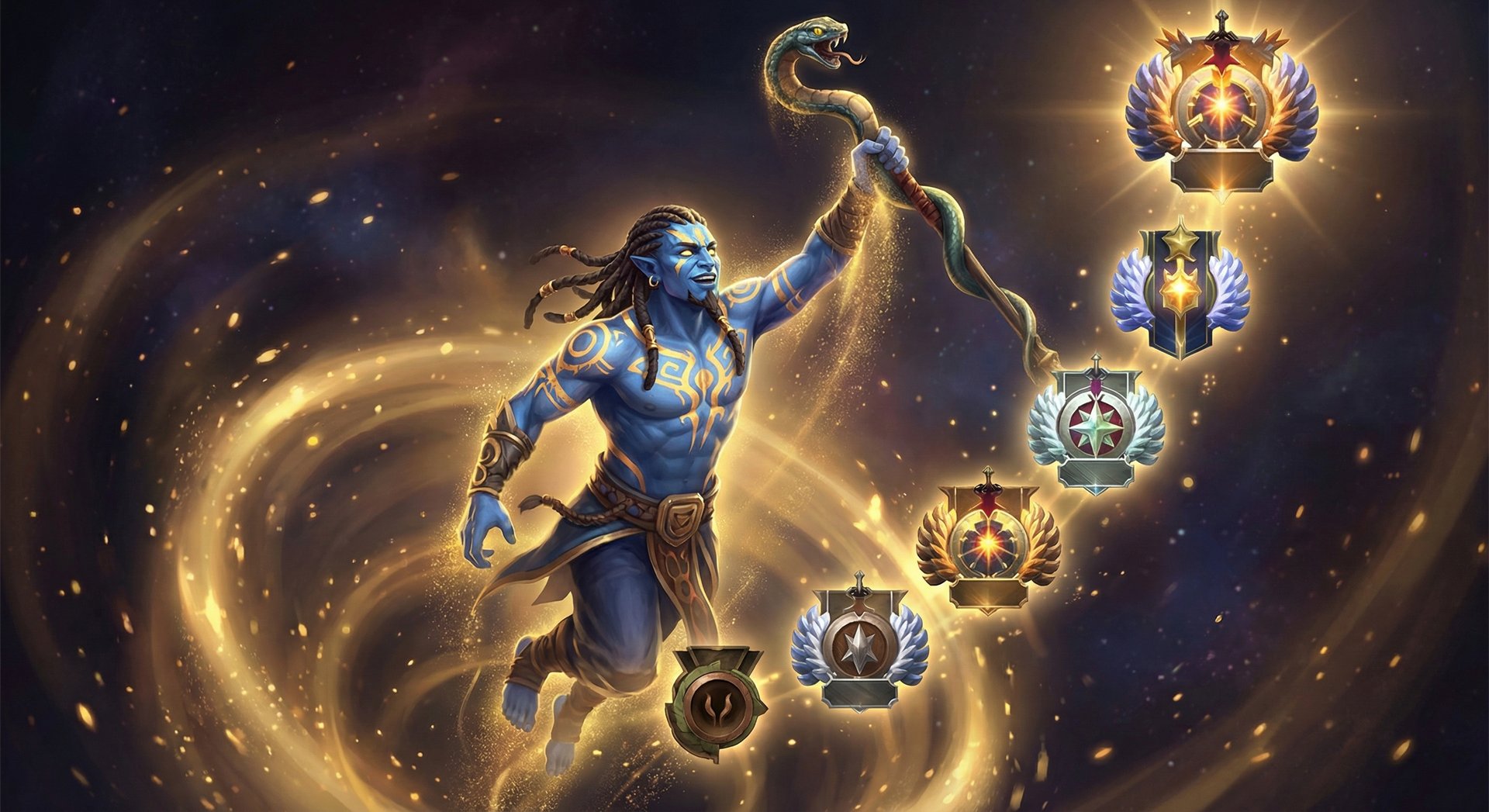 Shadow Shaman ascending through ranked tiers with gold rank medals floating around