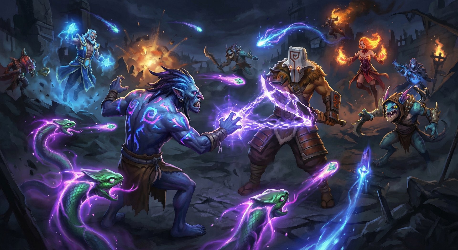 Shadow Shaman in team fight casting Shackles while serpent wards attack nearby