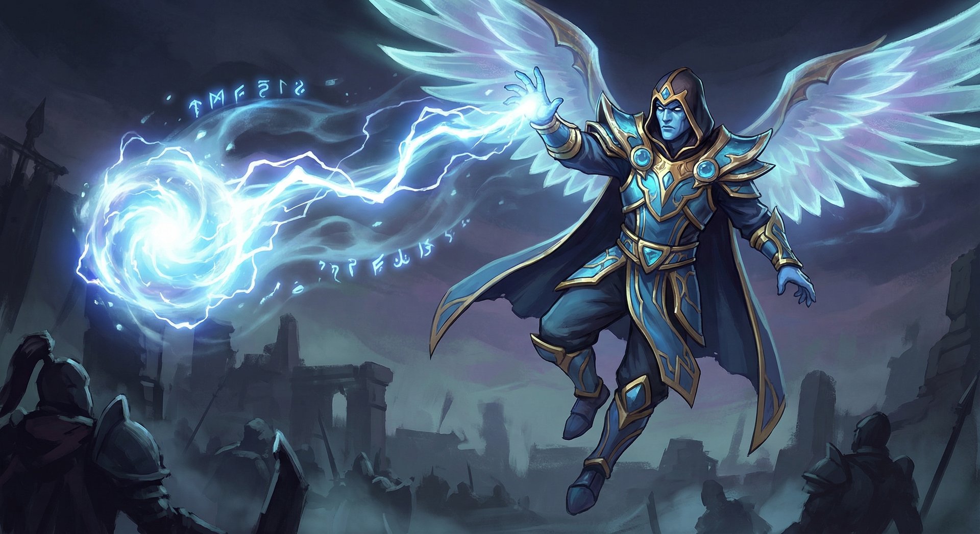 Skywrath Mage casting Arcane Bolt, launching a brilliant blue magical projectile