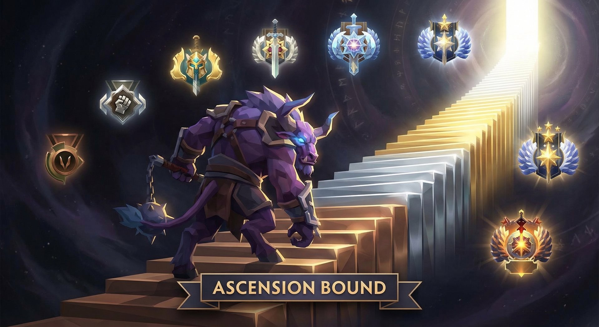 Spirit Breaker ascending through rank tiers with golden staircase and rank medals