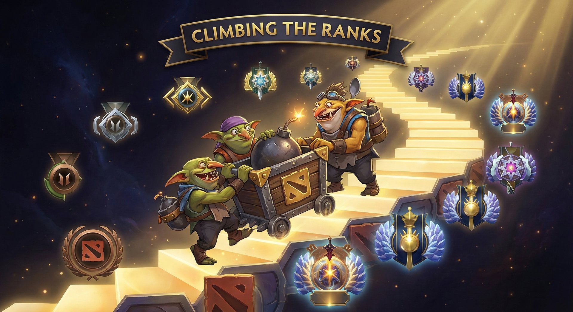 Techies climbing through Dota 2 ranked medals from Herald to Immortal