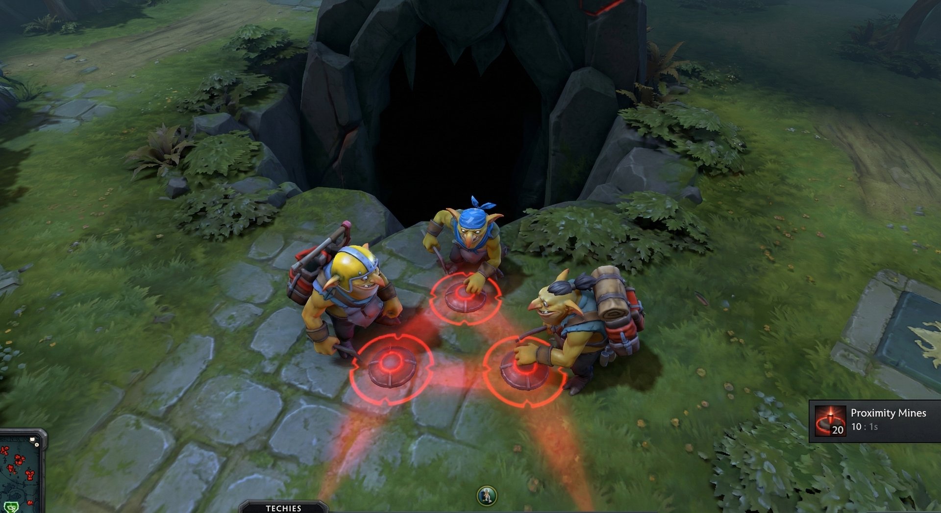 Techies placing proximity mines in triangle formation near Roshan pit