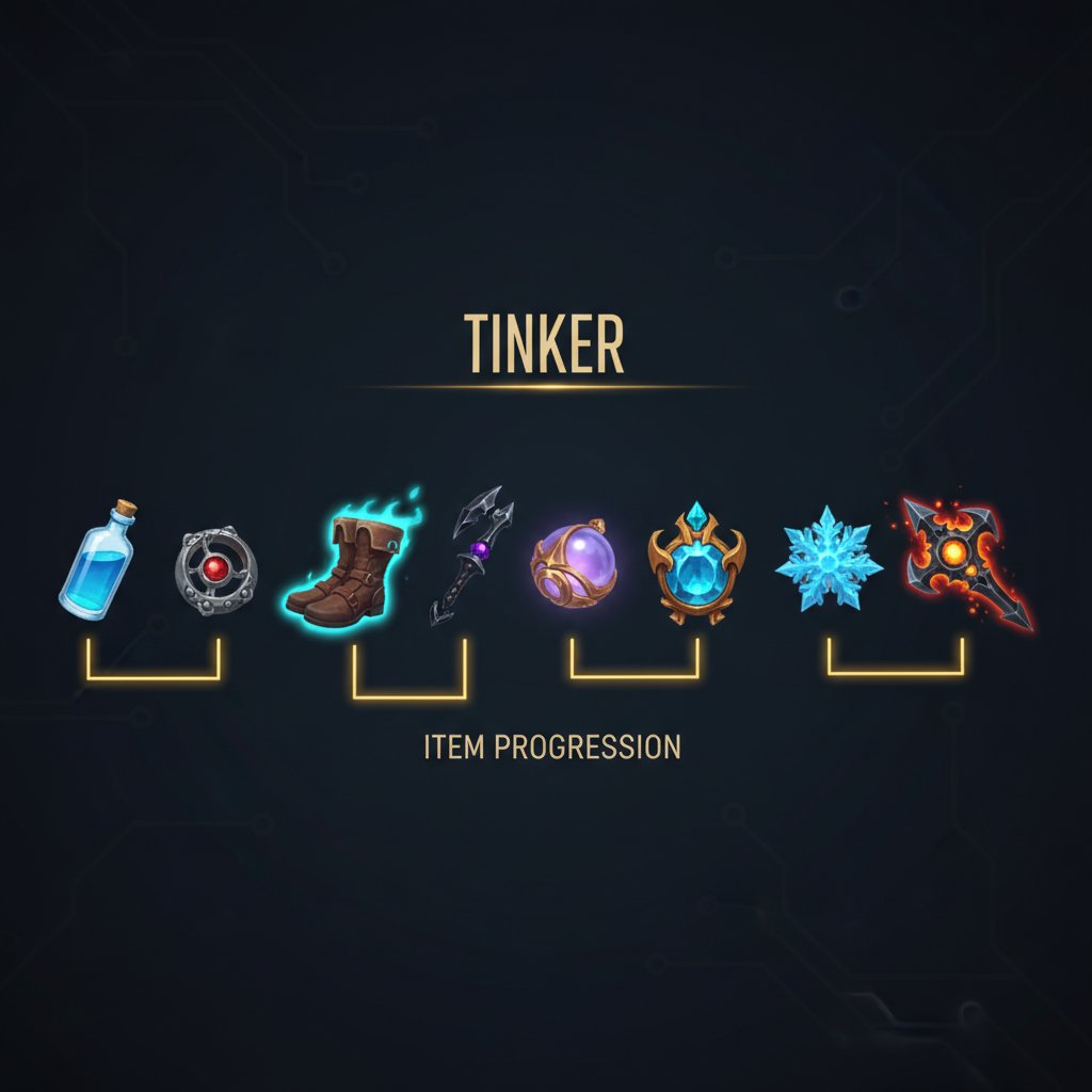 Tinker item build progression showing Boots of Travel, Blink Dagger, and core items